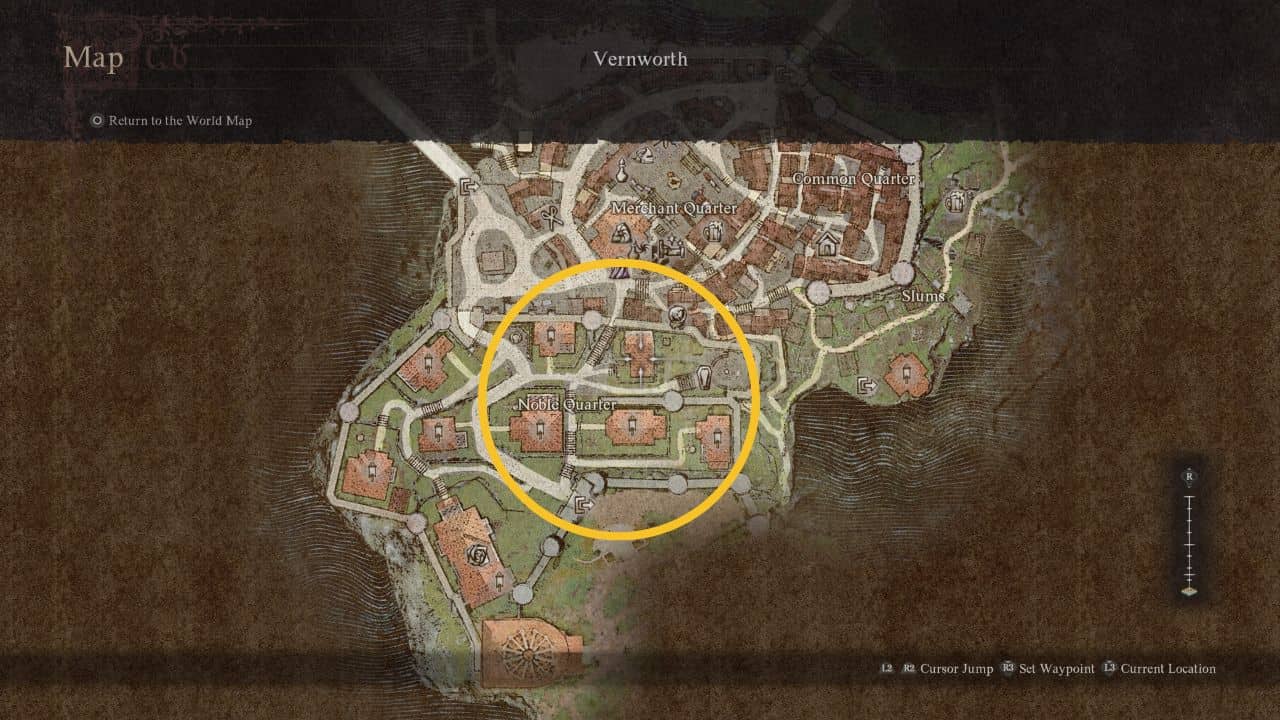 Dragon's Dogma 2 Unlock Dwarven Smithing: Map indicating the Noble district of Vermund where Roman is often found.