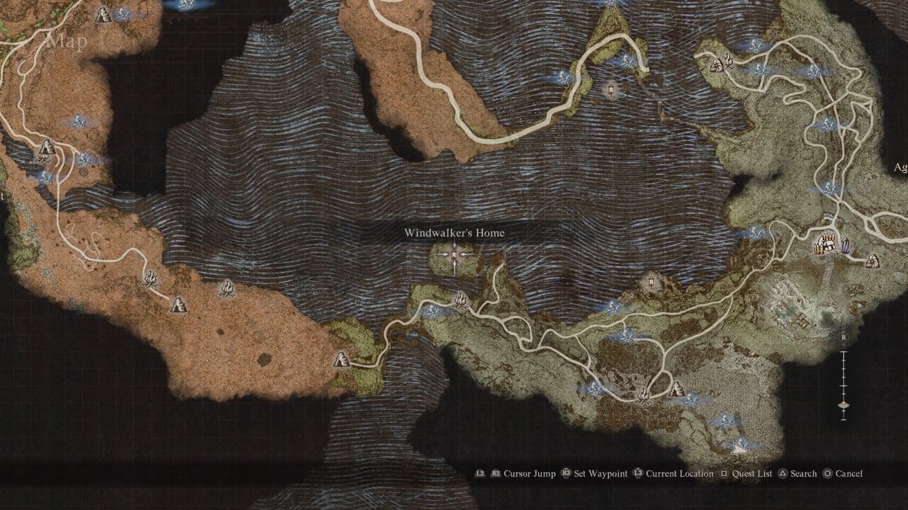 Dragon's Dogma 2 unlock Dwarven Smithing: Map showing the location of the Windwalker's Home on the Volcanic Island