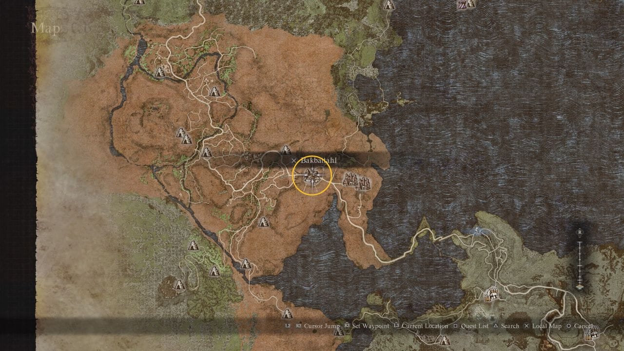 Dragon's Dogma 2 how to get Eldricite: Map showing the location of Bakbattahl in Dragon's Dogma 2