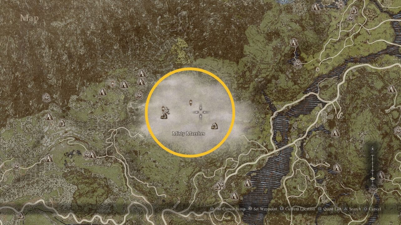 Dragon's Dogma 2 how to get Eldricite: Map showing the location of the Misty Marshes