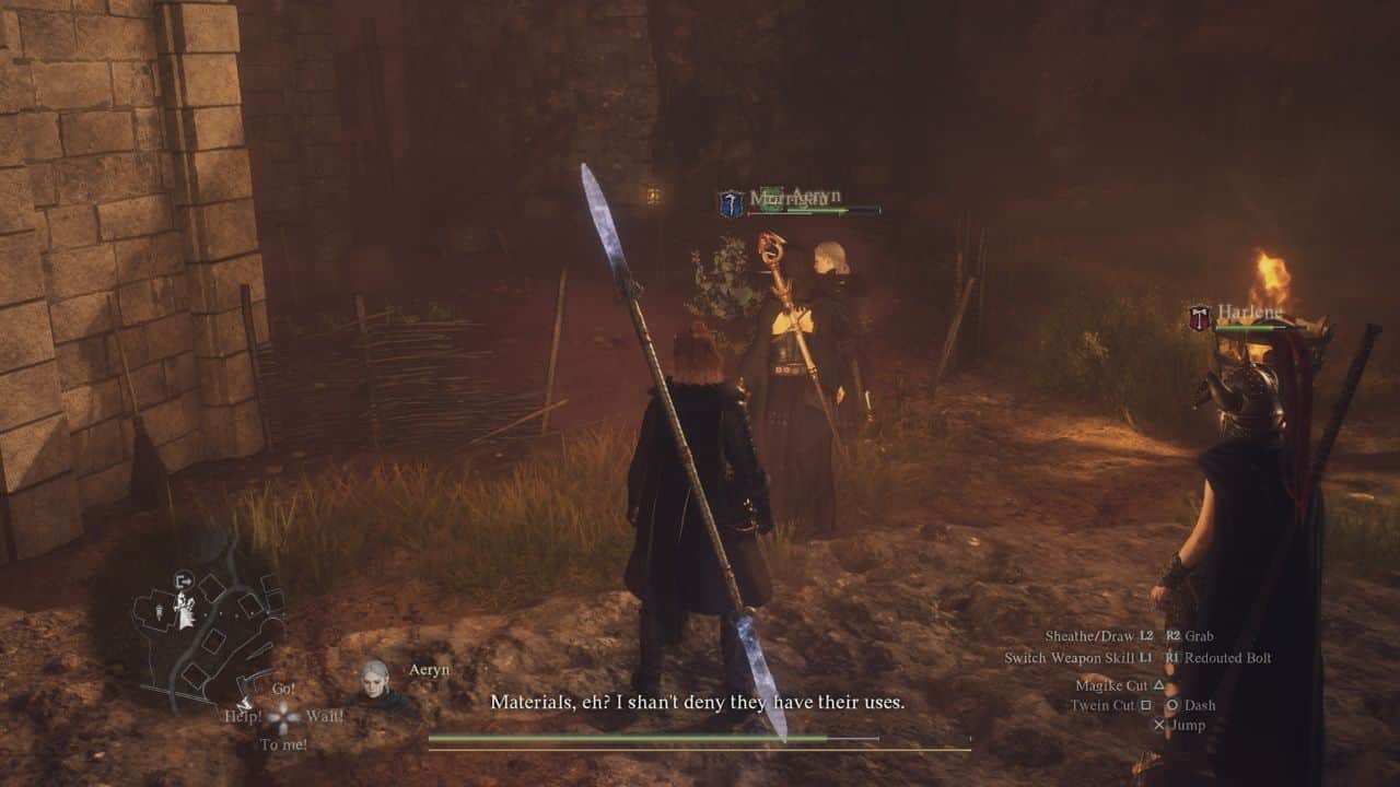 Dragon's Dogma 2 get Forager Specialization: Player and Pawns standing outside the Gracious Hands building