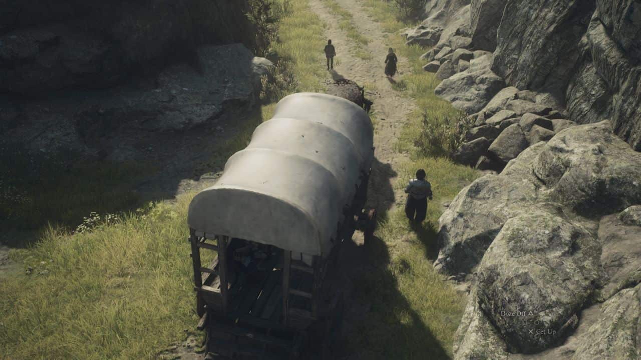 Dragon's Dogma 2 cheats: Oxcart carrying passengers traveling down a dusty dirt road.