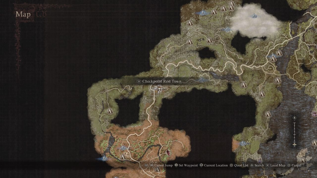 Dragon's Dogma 2 Mercy Among Thieves: map showing the location of the Checkpoint rest town