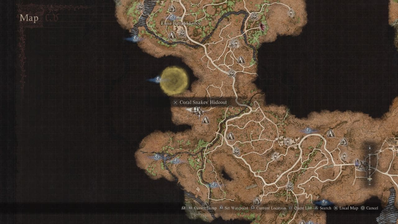 Dragon's Dogma 2 Mercy Among Thieves: map showing the location of the Coral Snakes' hideout
