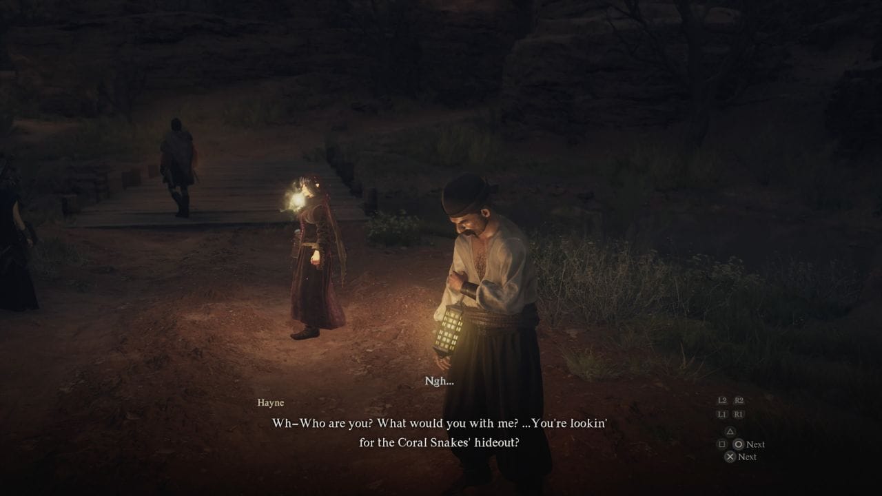 Dragon's Dogma 2 Mercy Among Thieves: Player speaking to injured man named Hayne on dirt road