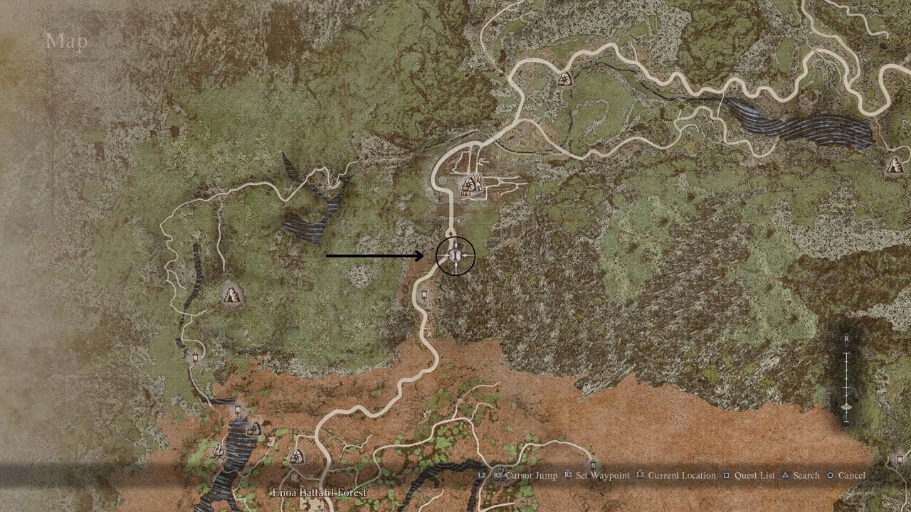 Dragon's Dogma 2 Mercy Among Thieves: Map showing the location of Toumi