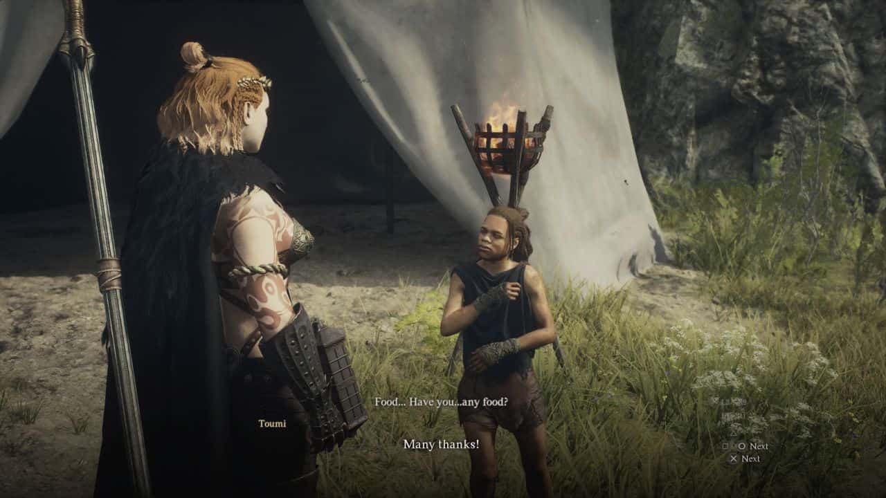 Dragon's Dogma 2 Mercy Among Thieves: Player speaking to Toumi near tent