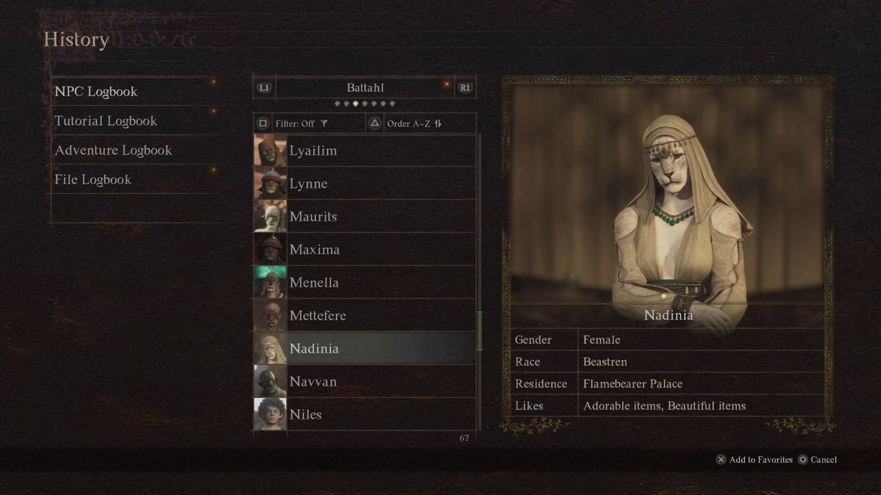 Dragon's Dogma 2 Nadinia Romance: Nadinia NPC info card with likes and dislikes