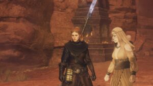 Dragon's Dogma 2 Nadinia Romance: Player standing next to Nadinia in the streets of Bakbattahl