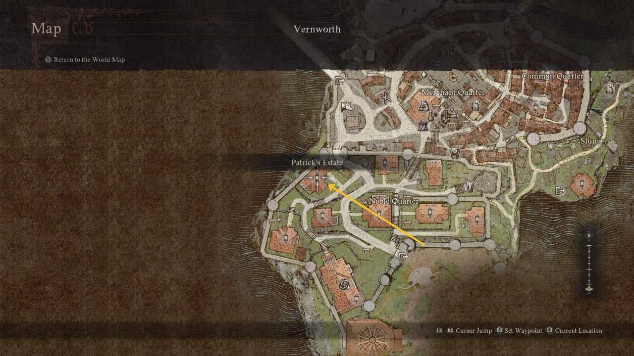 Dragon's Dogma 2 how to romance Wilhelmina: Map showing the location of Patrick's Estate