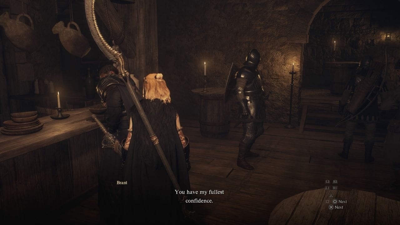 Dragon's Dogma 2 romance WIlhelmina: Player speaking to Captain Brant at the bar in Vernworth