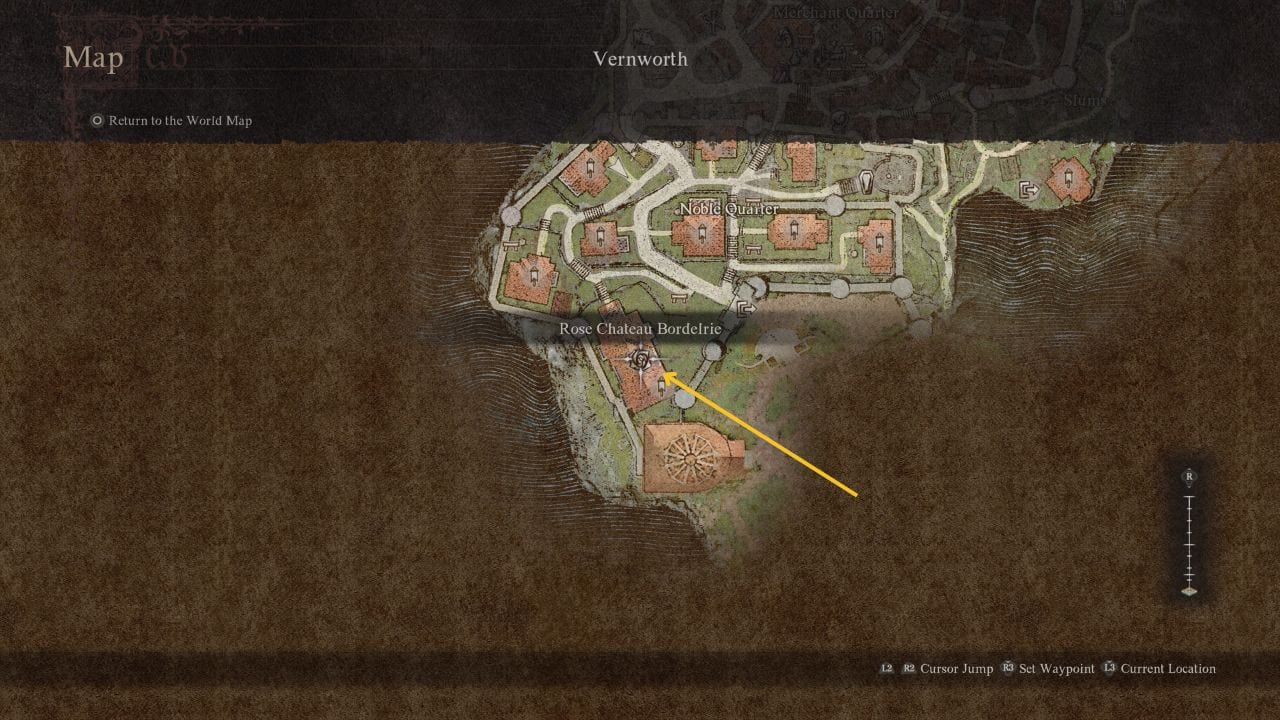 Dragon's Dogma 2 how to romance Wilhelmina: Map showing the location of the Rose Chateau Bordelrie in Vernworth