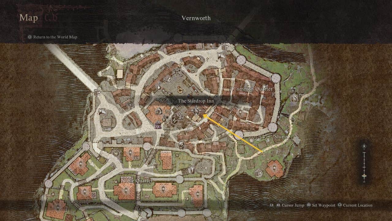 Dragon's Dogma 2 how to romance Wilhelmina: Map showing the location of the Stardrop Inn in Vernworth