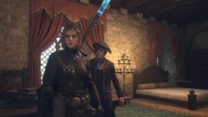 Dragon's Dogma 2 Sven's Quarters: Player standing next to Sven in his bedroom