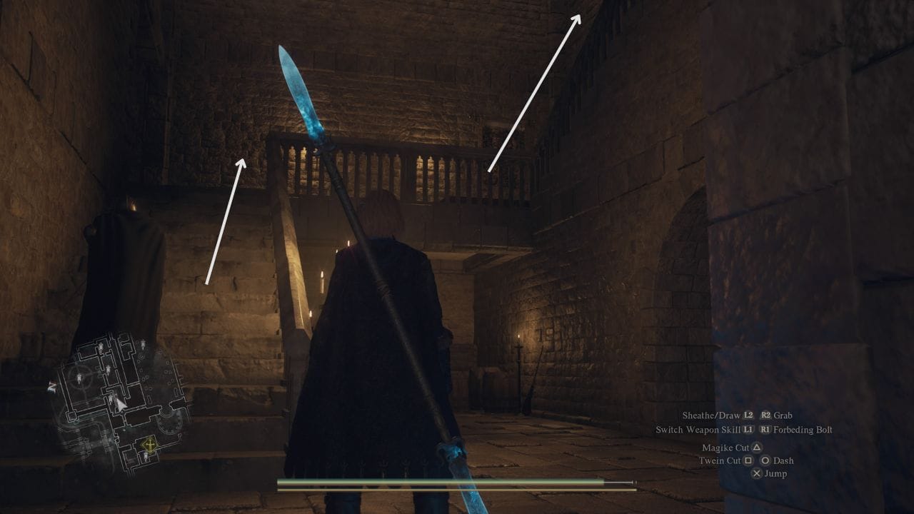 Dragon's Dogma 2 Sven's Quarters: Player walking up stairs in Vernworth Castle