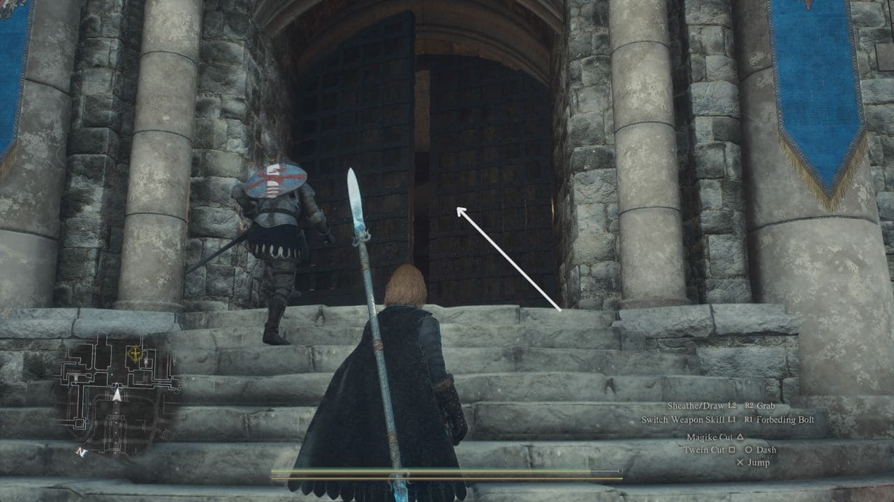 Dragon's Dogma 2 Sven's Quarters: Player walking up stairs to Vernworth Castle entrance