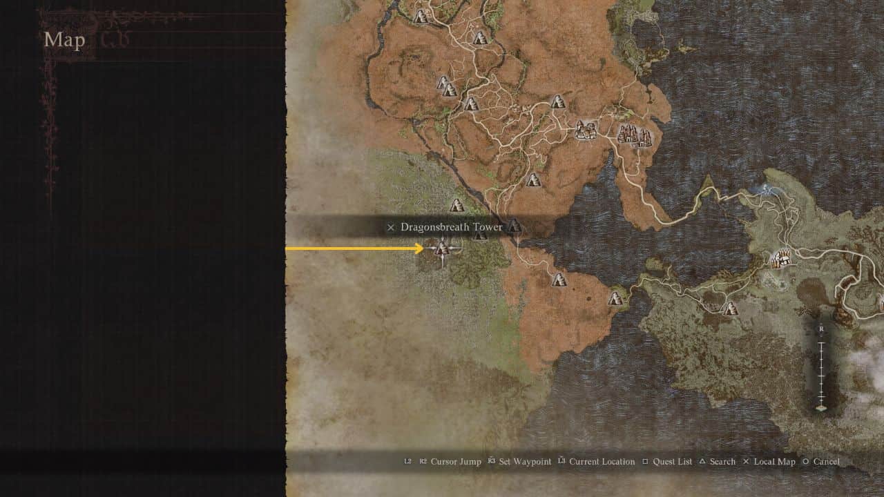 Dragon's Dogma 2 unlock mystic spearhand: Map showing the location of Dragonsbreath Tower
