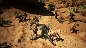 A group of humanoid reptilian creatures, reminiscent of foes in Dragon's Dogma 2, ambush a lone warrior in a desert canyon.
