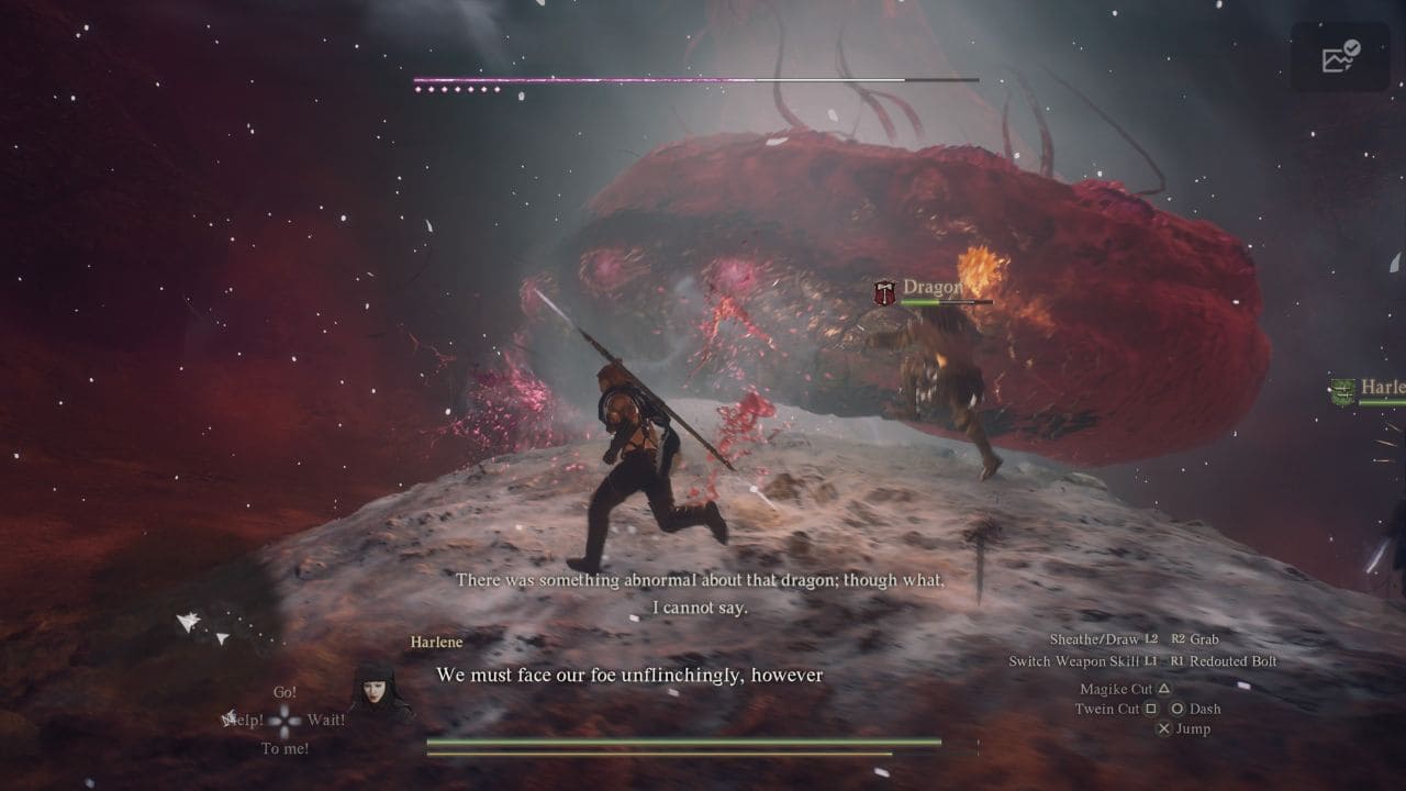 Dragon's Dogma 2 difficulty settings: Player running to the side during boss encounter with a large worm