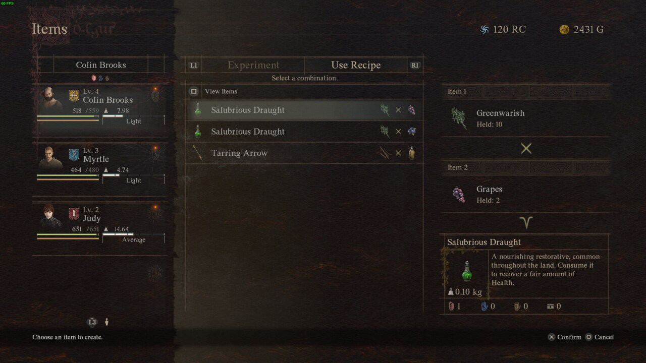 In-game inventory management screen from "Dragon's Dogma," showing how to get the Salubrious Draught potion item for the Provisioner's Plight quest.