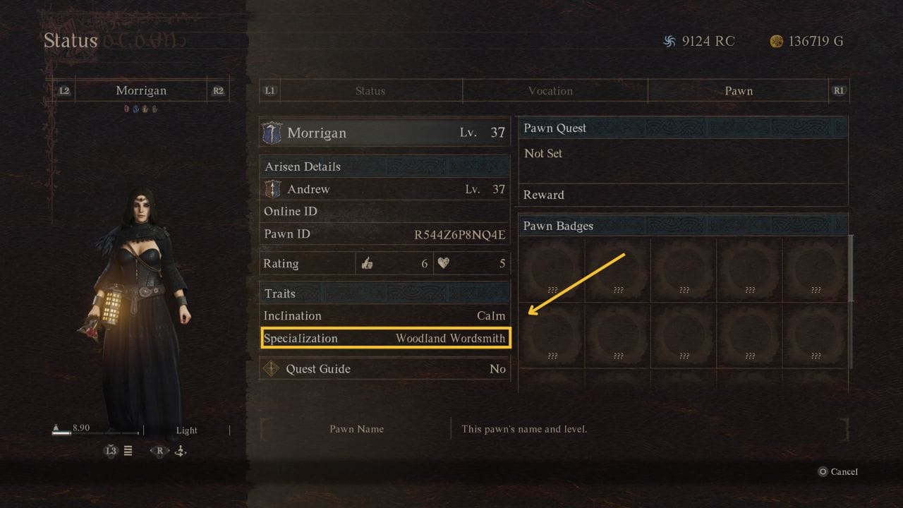 Dragon's Dogma 2 Change Pawn Specialization: Hired Pawn information menu showing specialization
