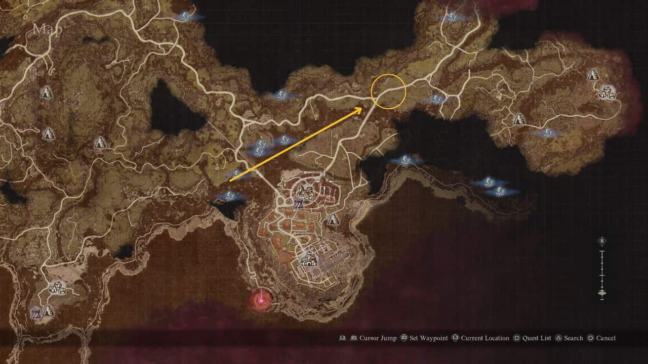 Dragons-dogma-2-Phanton-Oxcart quest walkthrough: Map showing the phantom oxcart spawn location