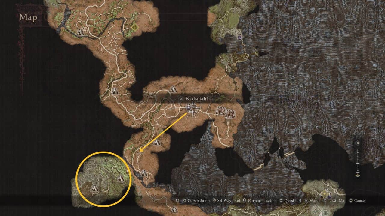 Dragon's Dogma 2 Get Sunstone: Map showing sunstone spawning location in Battahl