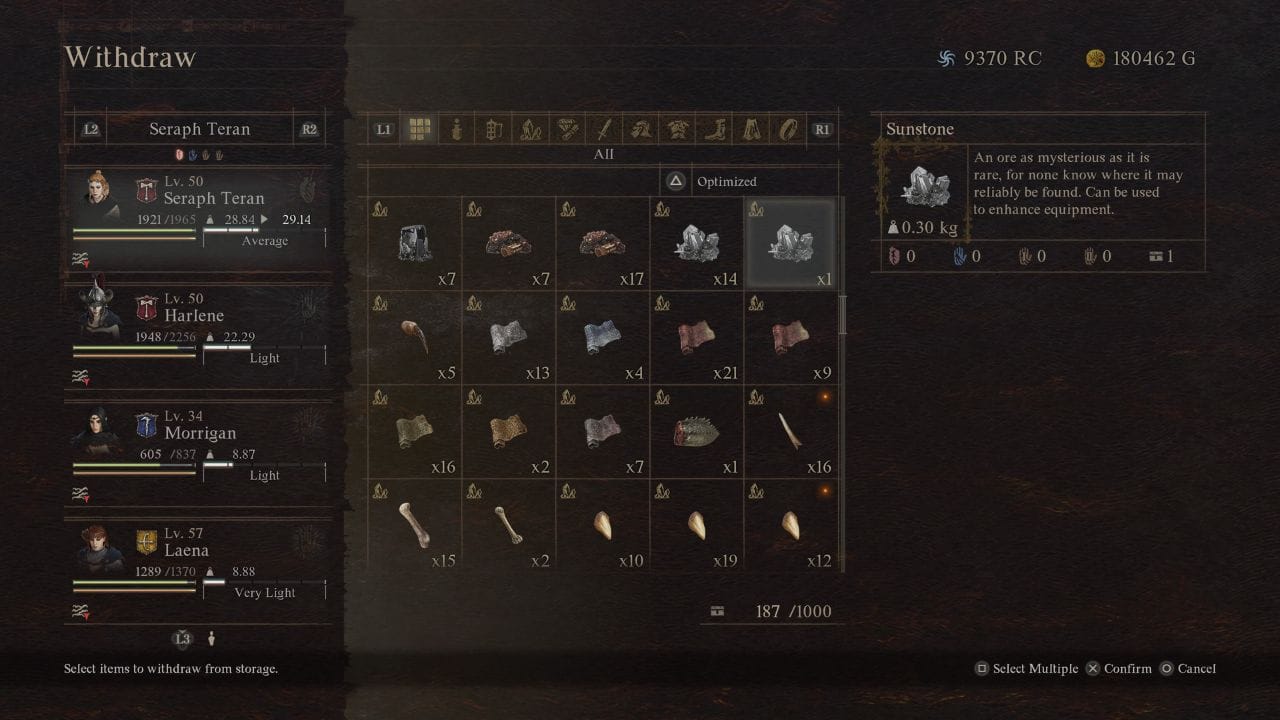 Dragon's Dogma 2 get sunstone: Sunstone item in inventory with full description of material