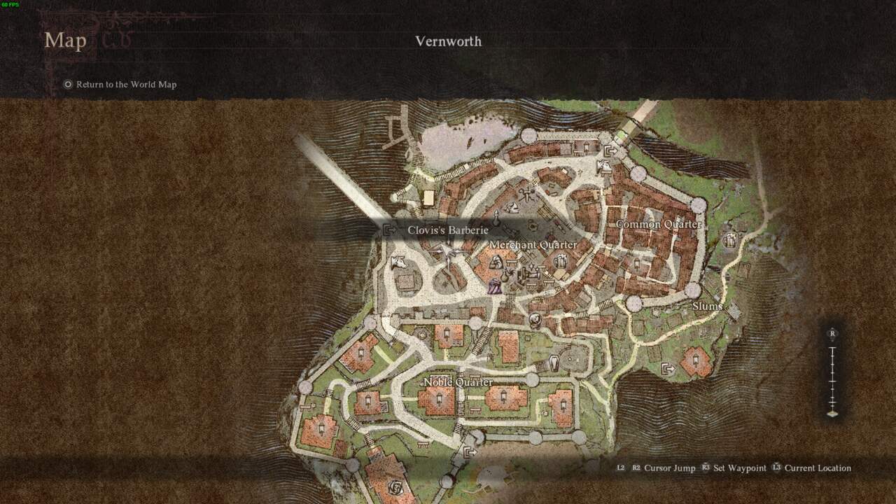 A digital map of a fortified city layout from Dragon's Dogma 2, with labels and a cursor indicating a location.
