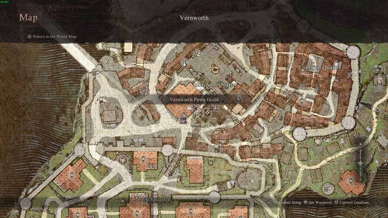 A screenshot of an in-game map showing a detailed layout of a medieval-style town with labeled streets and quarters, inspired by Dragon's Dogma 2 art of metamorphosis.