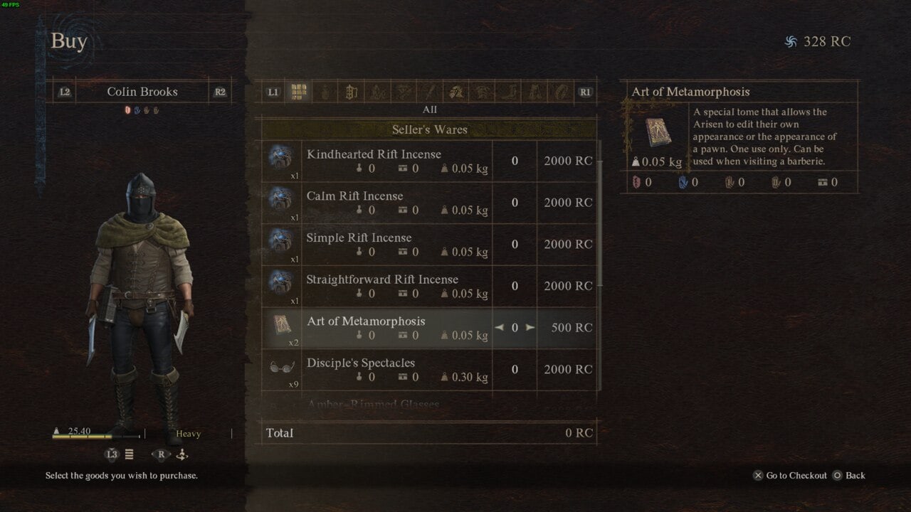 An in-game screenshot from Dragon's Dogma 2 showing a character named Colin Brooks browsing a merchant's wares, with the item "Art of Metamorphosis" highlighted for purchase.