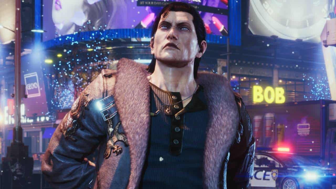 A man in a fur coat is standing in a city while checking out the best graphics settings for Tekken 8.