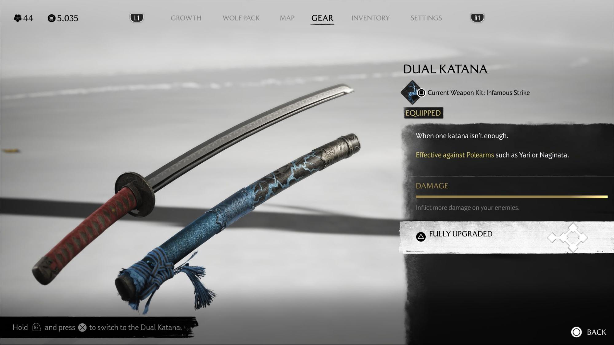 Dual Katana upgrade screen in Ghost of Yotei showing weapon stats