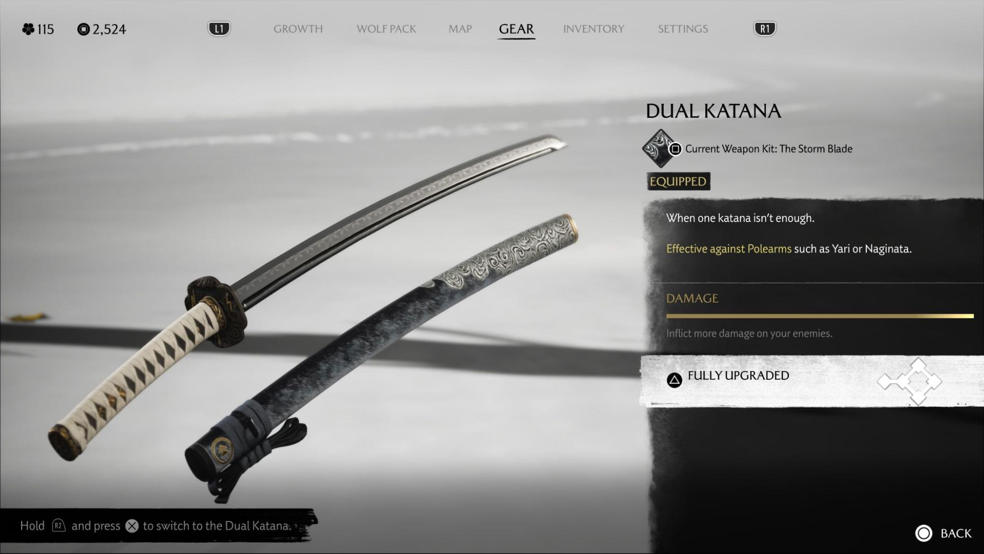 Dual katana weapon equipped in Ghost of Yotei