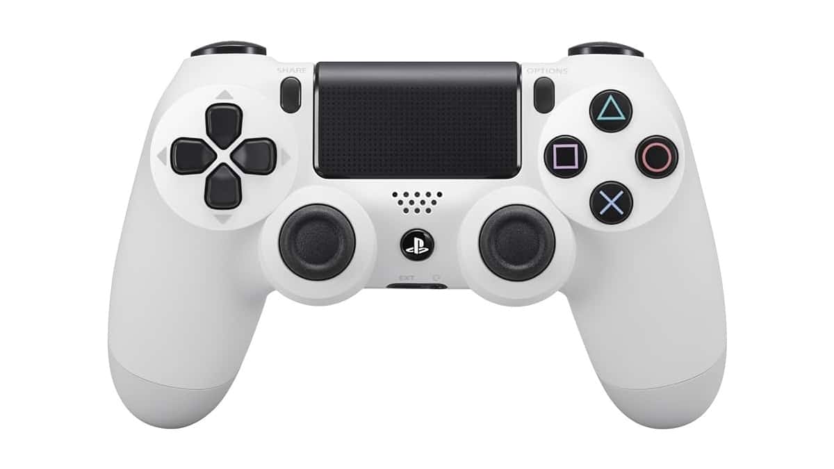 A white playstation controller among a collection of every single PlayStation Controller in order since 1994 on a white background.