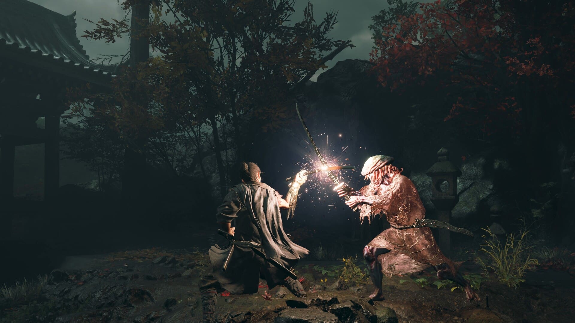 Miyamoto Musashi battling a Genma demon beneath autumn trees in Onimusha Way of the Sword