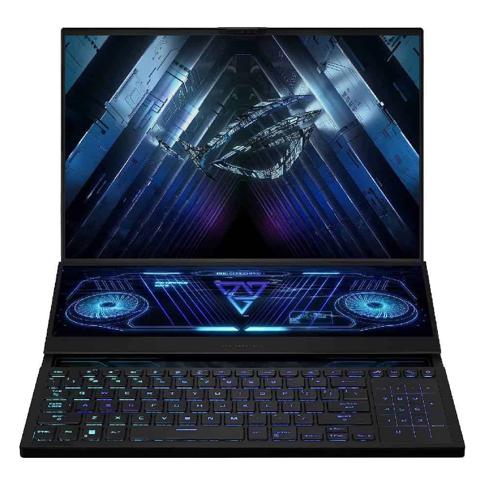 An ASUS laptop with a keyboard and a blue screen.