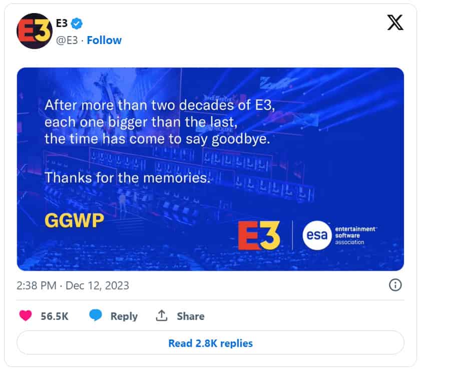 A tweet announces the end of E3