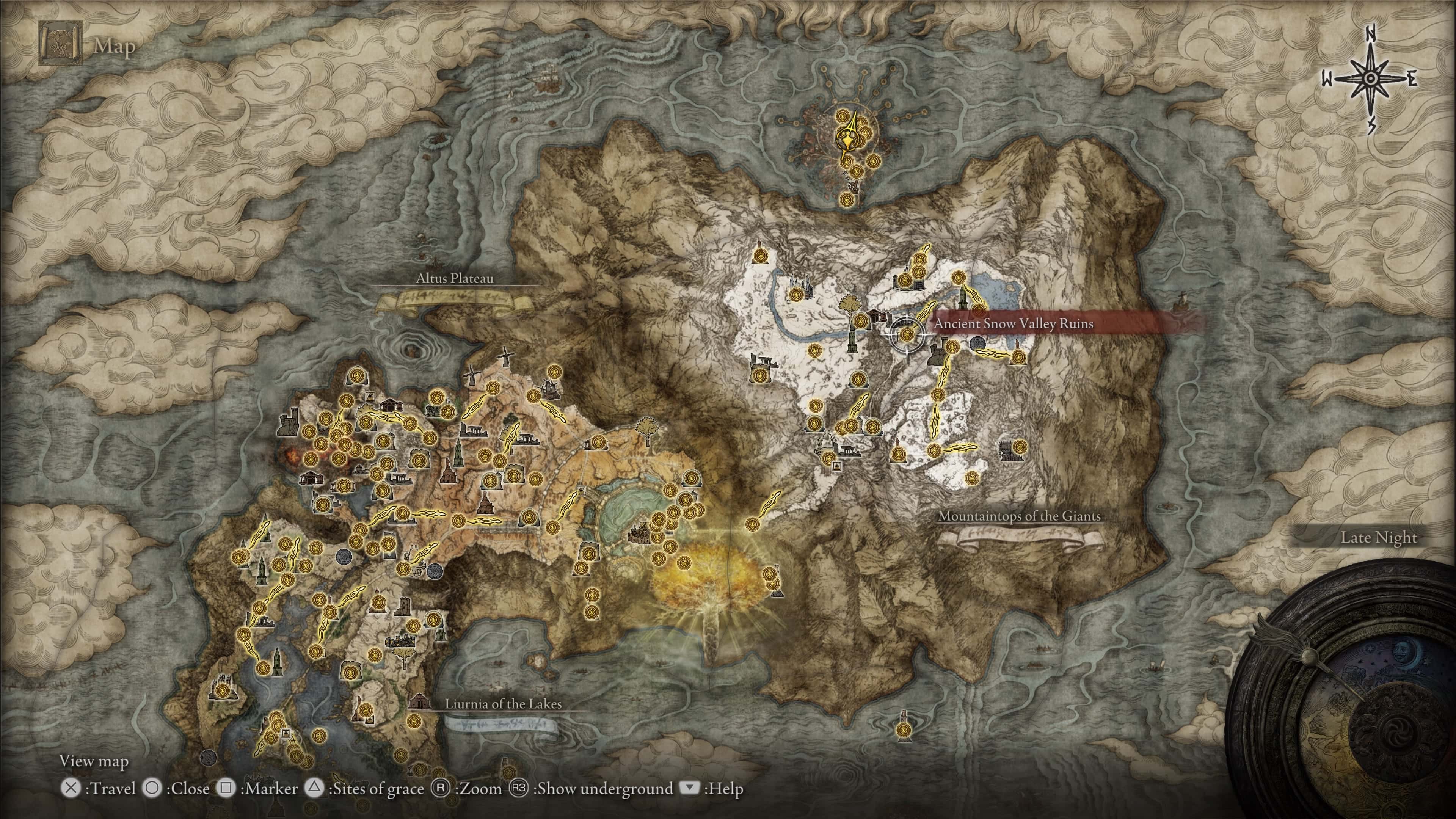 elden ring setting: Image shows the map of the Mountaintops of the Giants, a setting in Elden Ring