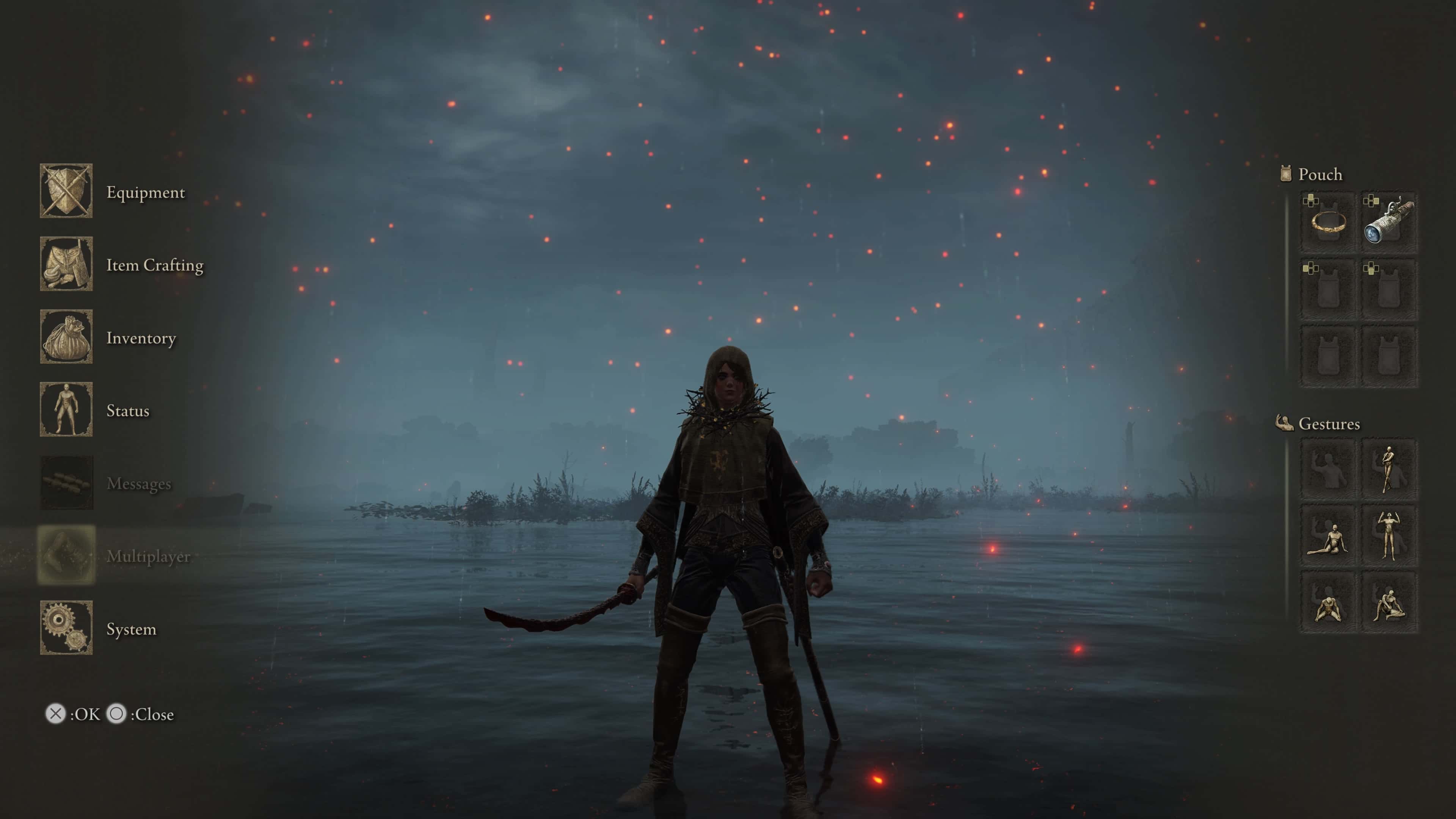 A character in Elden Ring standing at the water's edge.