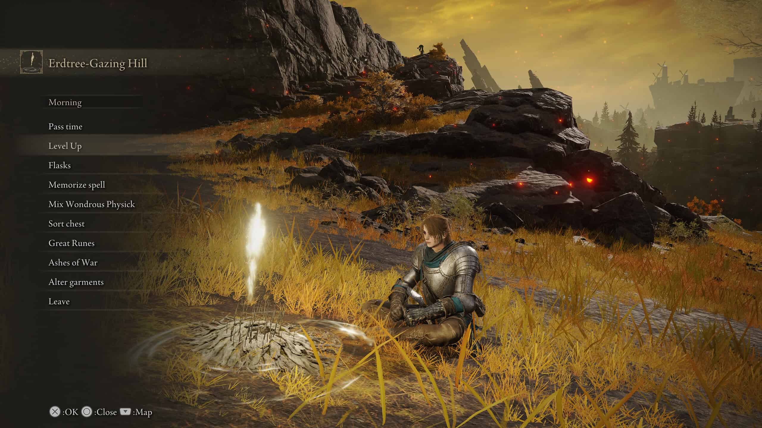 Elden Ring best stats to level - Image shows our character sitting at a site of grace