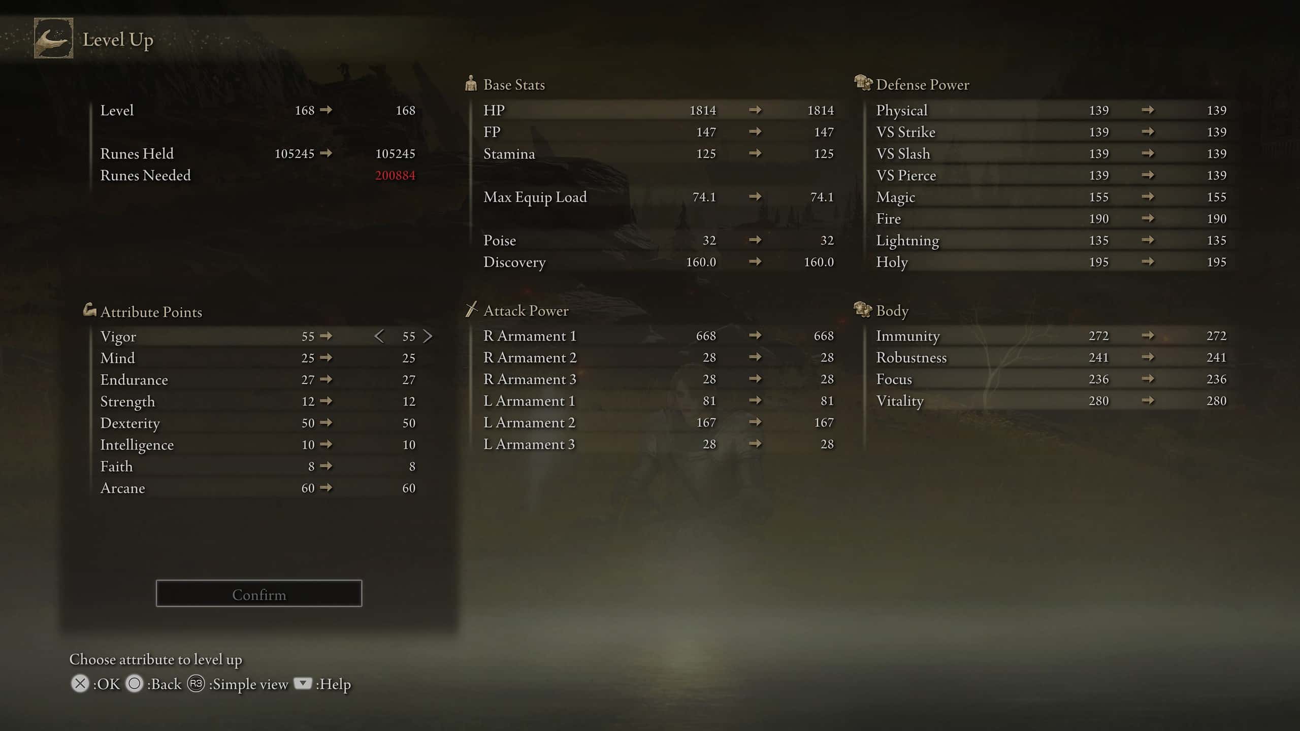 Elden Ring best stats to level - Image shows the level up screen, displaying our stats