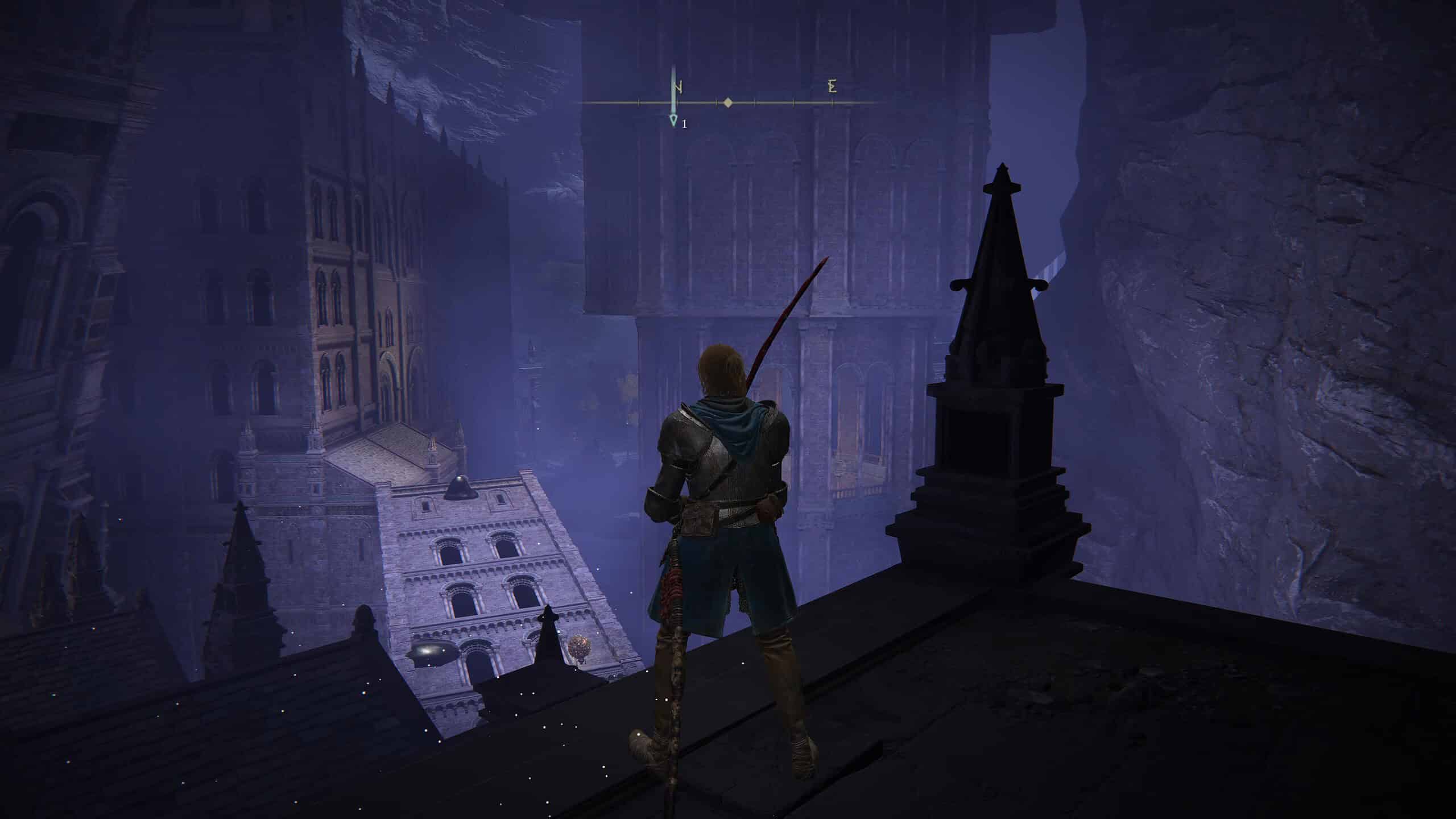 elden ring how to reach nokron - a knight stands on a collapsed building