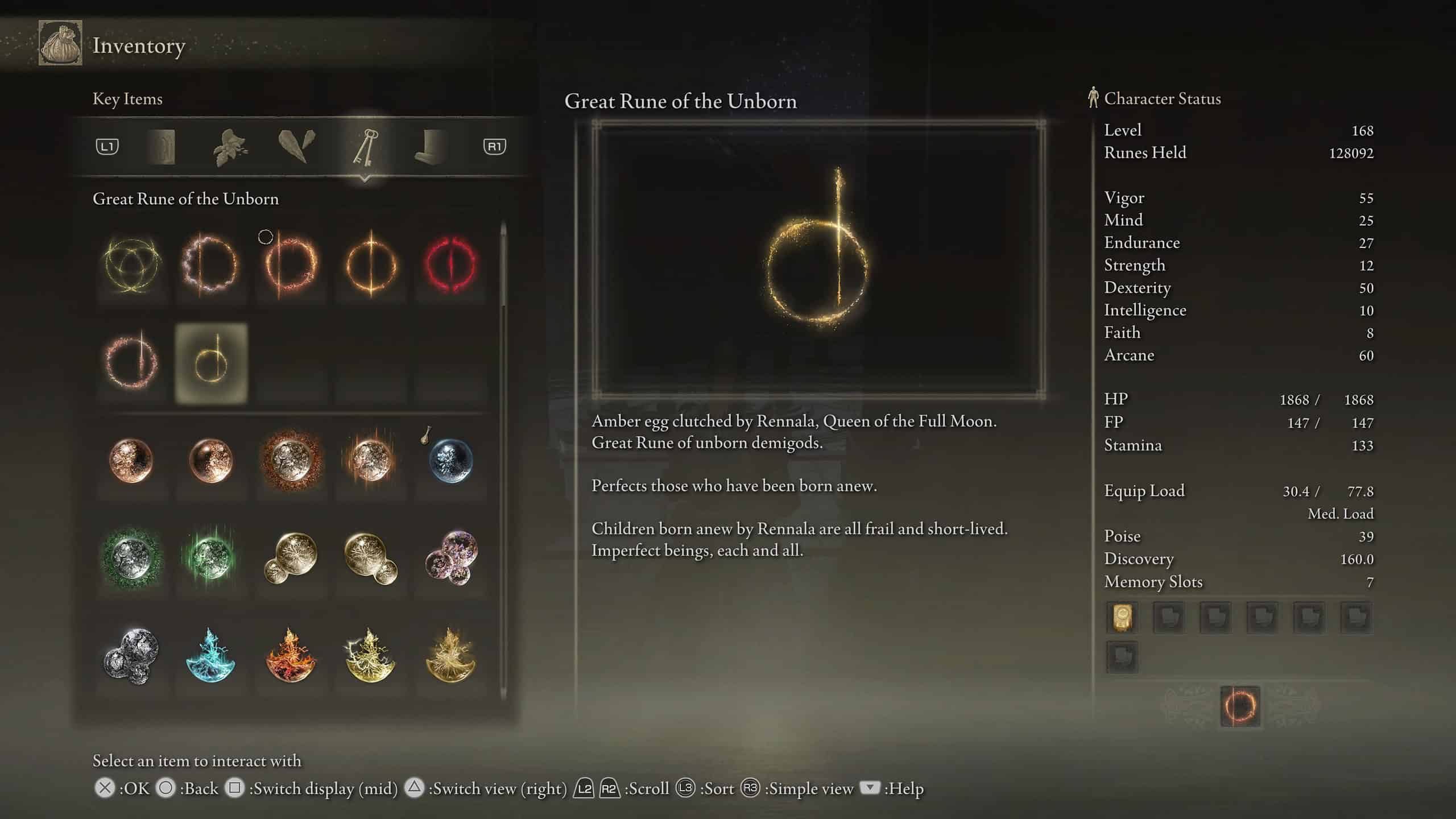 elden ring great runes - a picture of the game inventory with a yellow circle