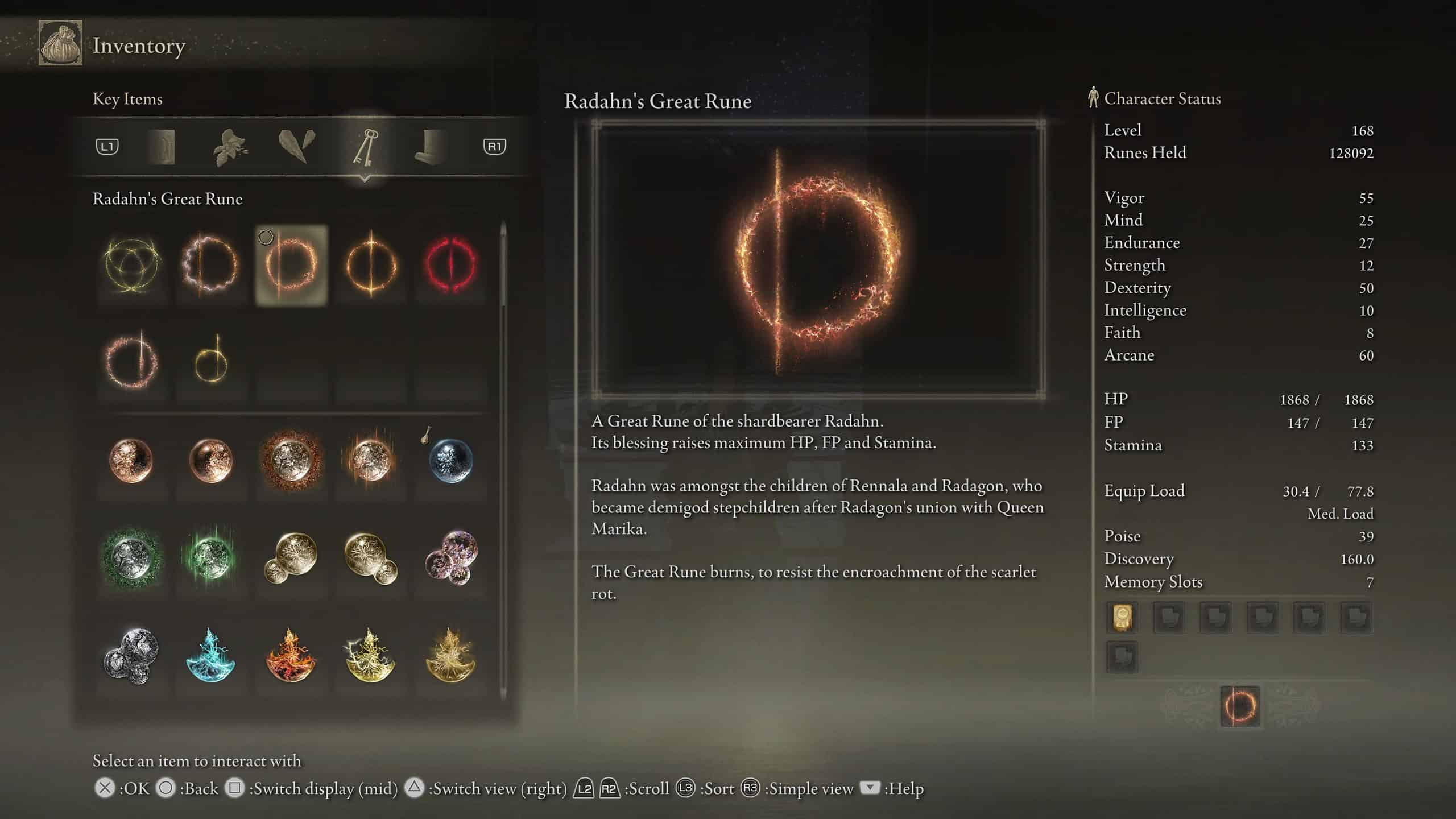 elden ring great runes - a picture of the game inventory with an orange circle
