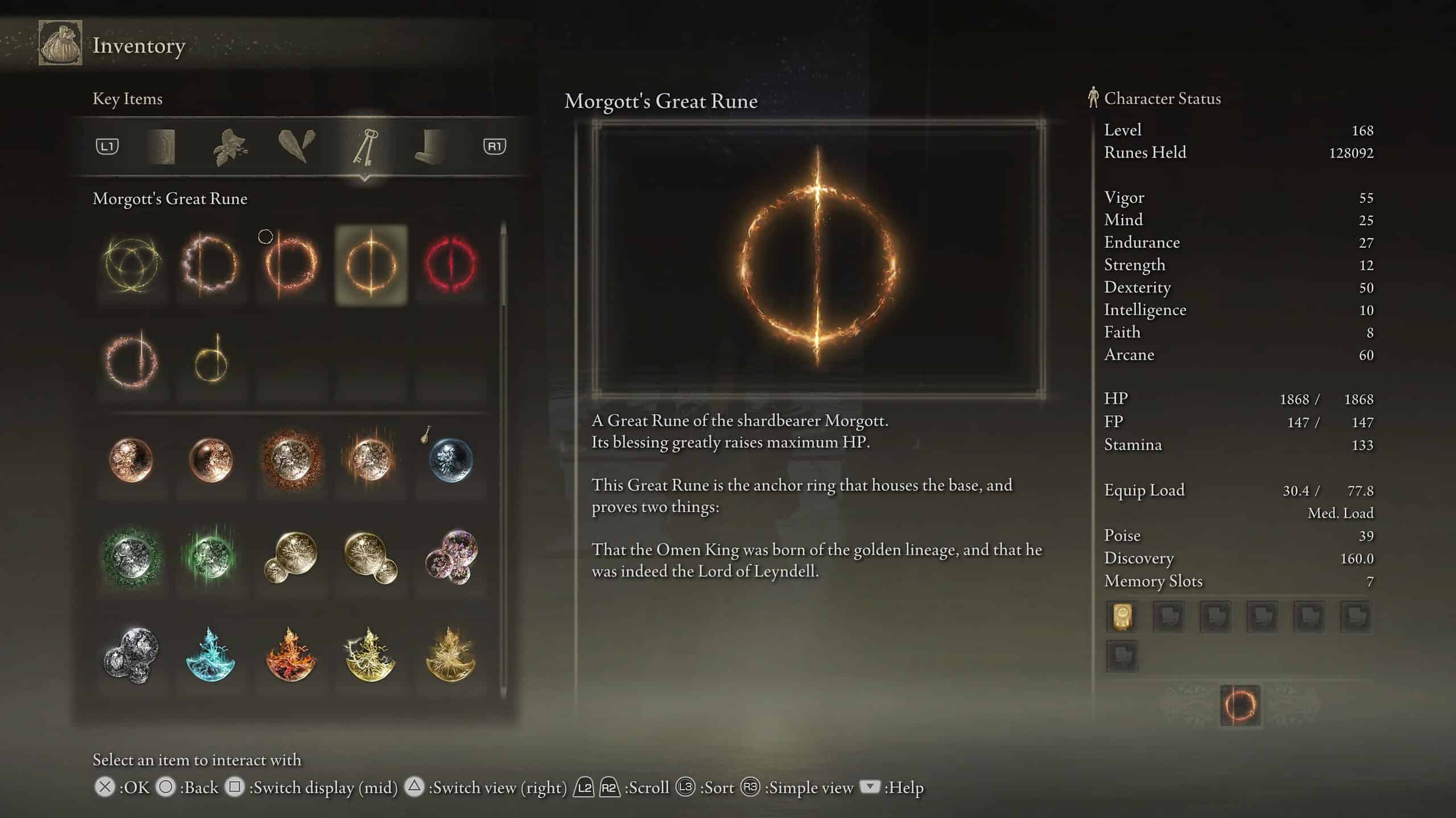 elden ring great runes - a picture of the game inventory with an orange circle