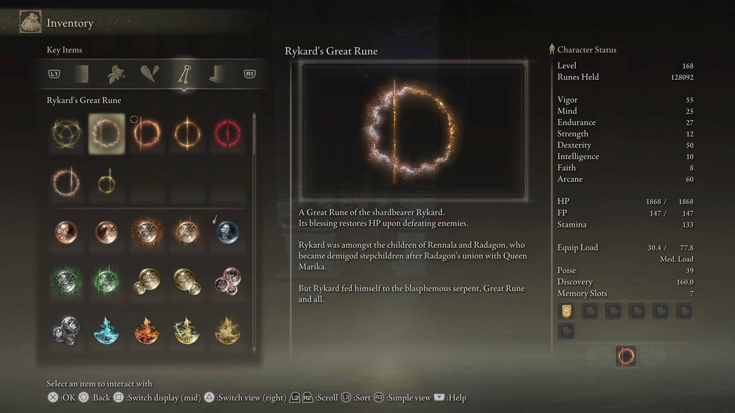 elden ring great runes - a picture of the game inventory with a pale circle