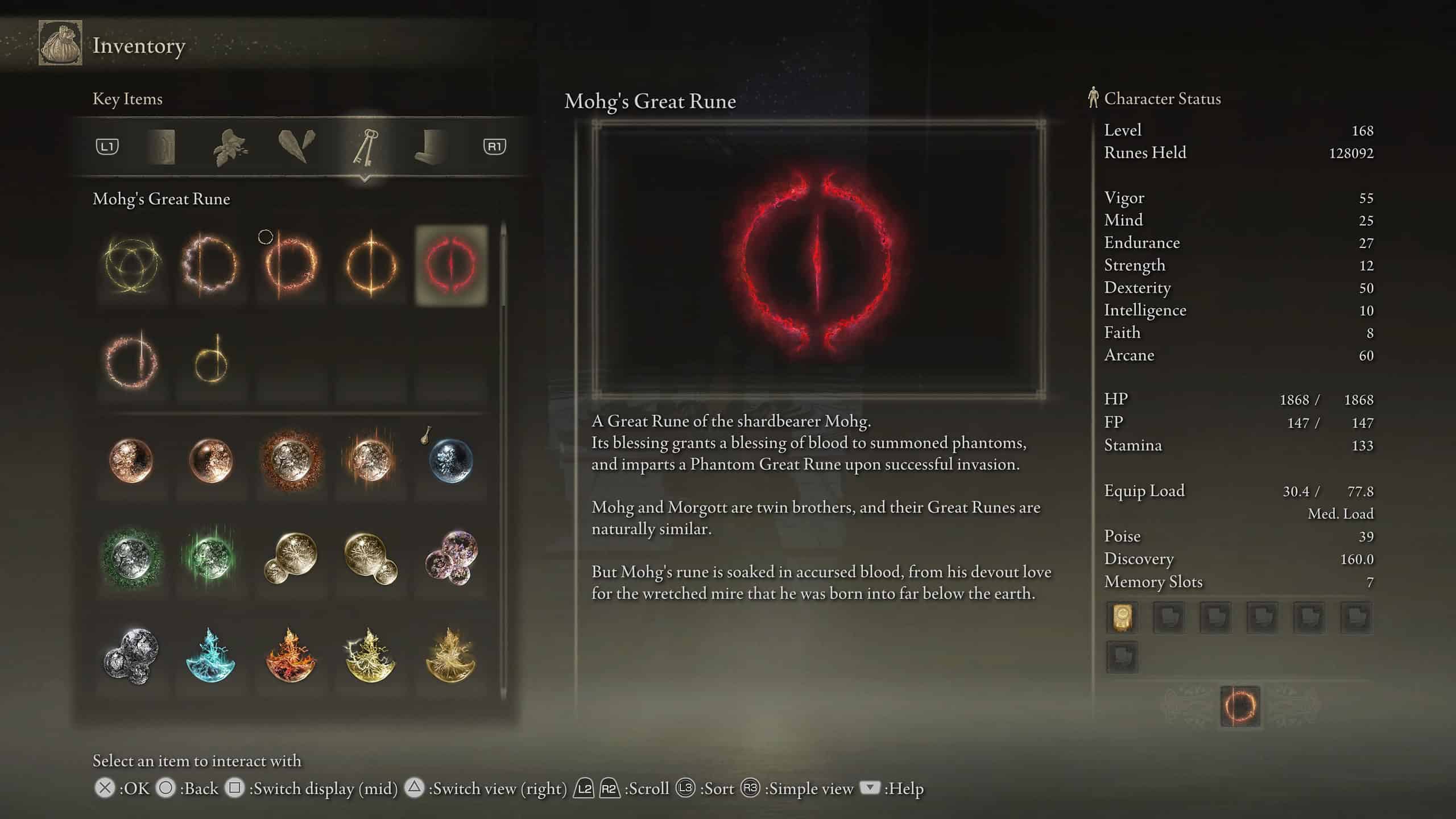 elden ring great runes - a picture of the game inventory with a red circle