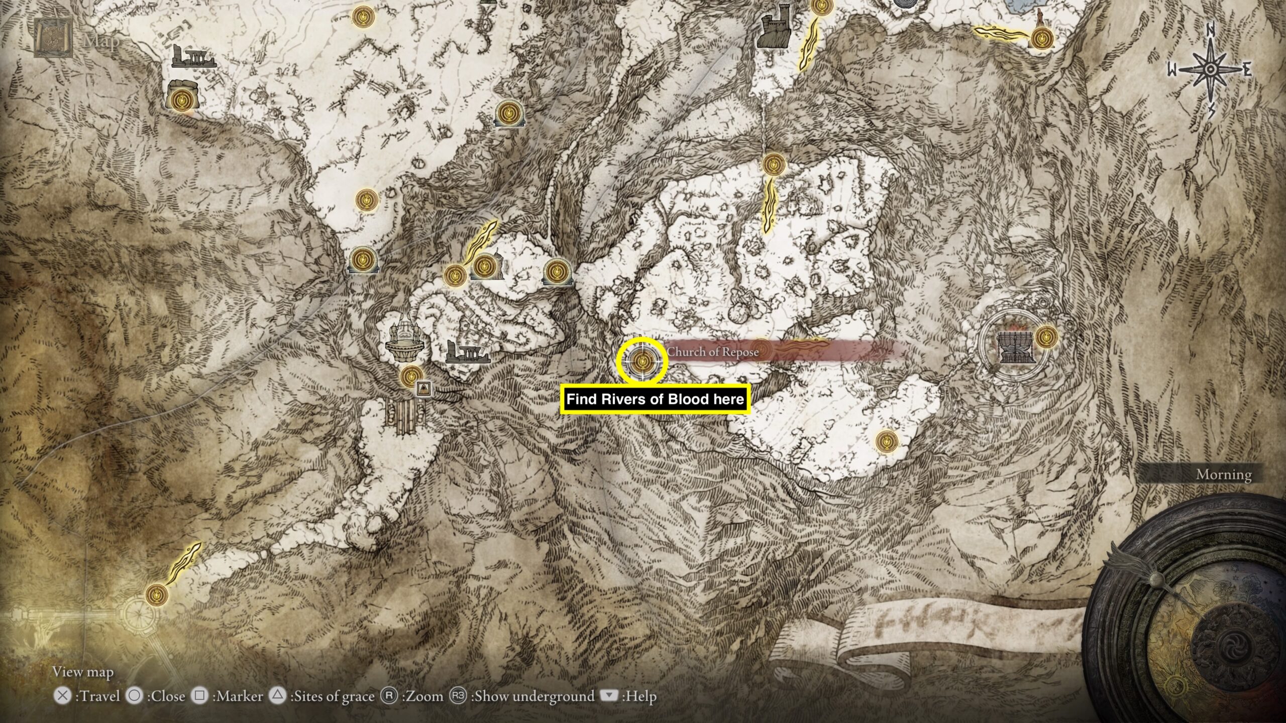 how to get rivers of blood elden ring - a map from a game showing the location for an item