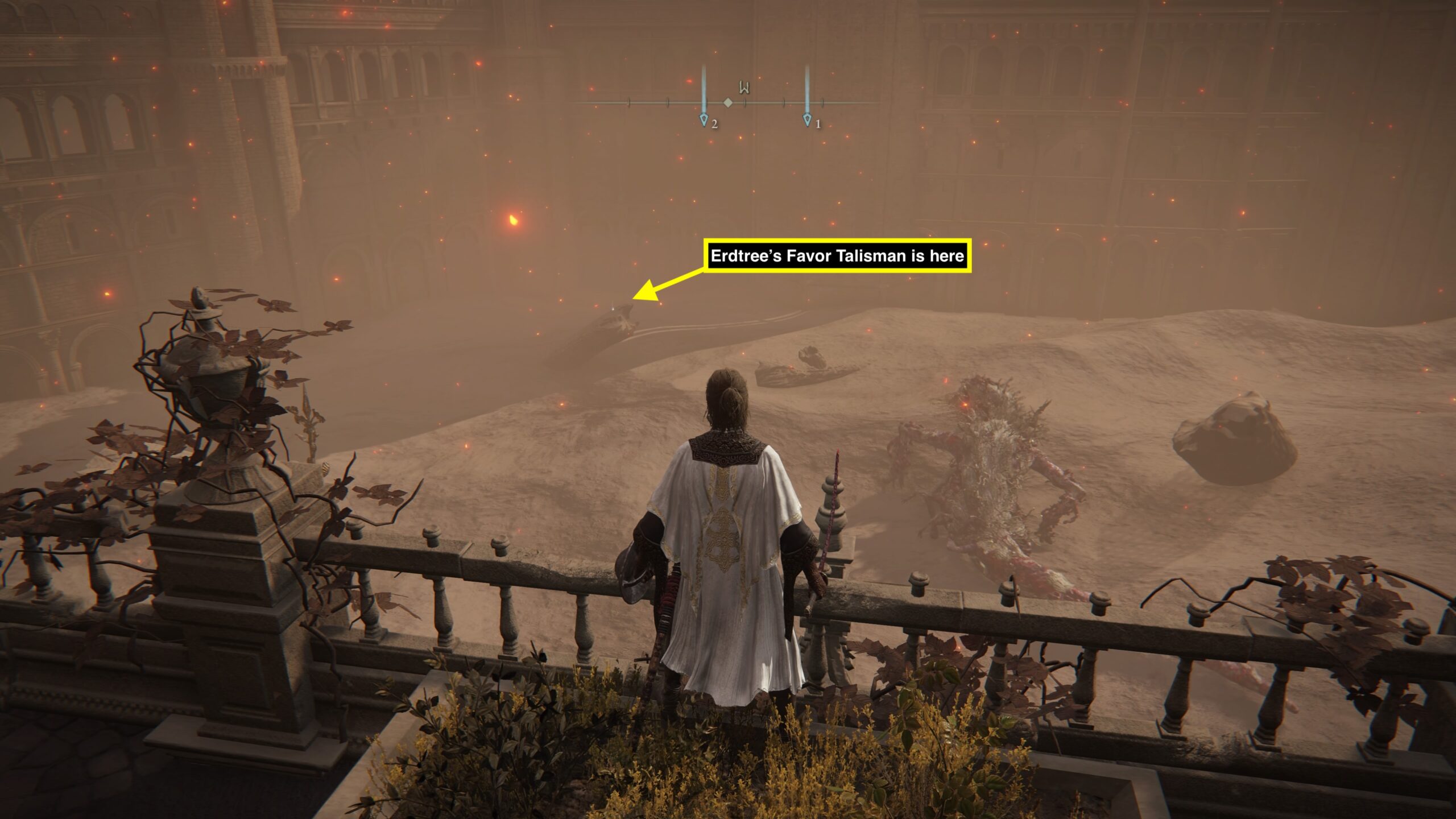 elden ring - an annotated image shows the location of an item, with a woman standing looking over a room of ash